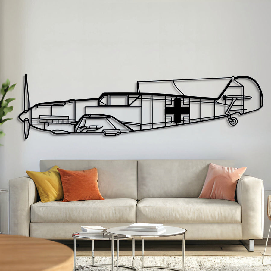 Messerschmitt Bf 109 fighter silhouette — laser-cut black metal wall art with floating 3D effect