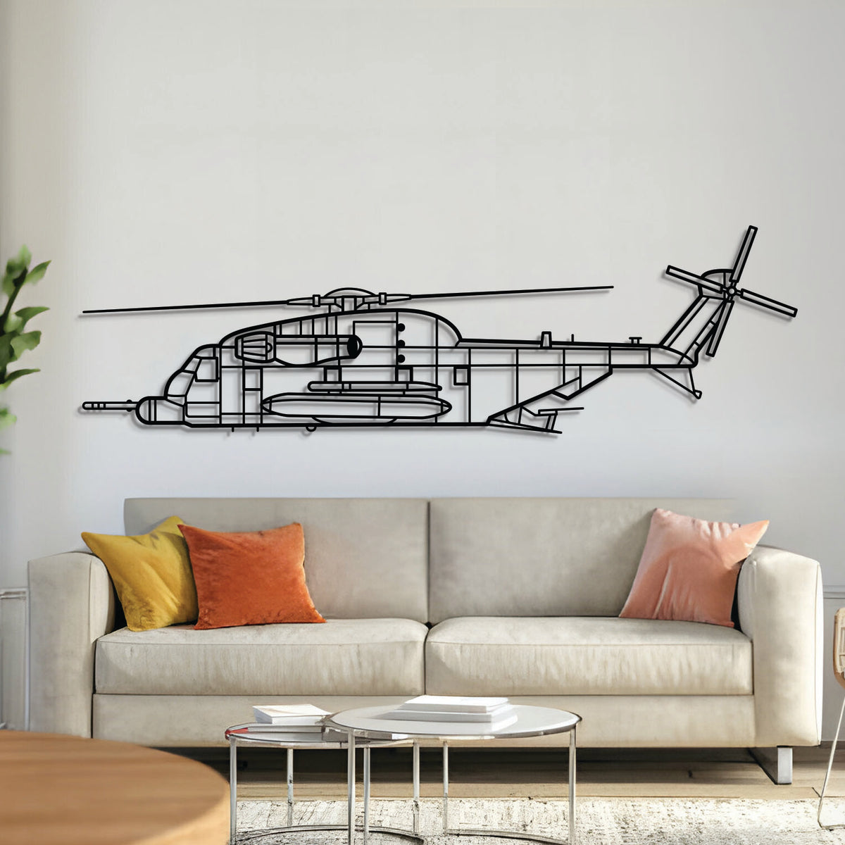 MH‑53M metal aircraft wall art in 2 mm laser‑cut steel with matte powder‑coated textured finish and 1 cm elevation screws for eye-catching 3D effect