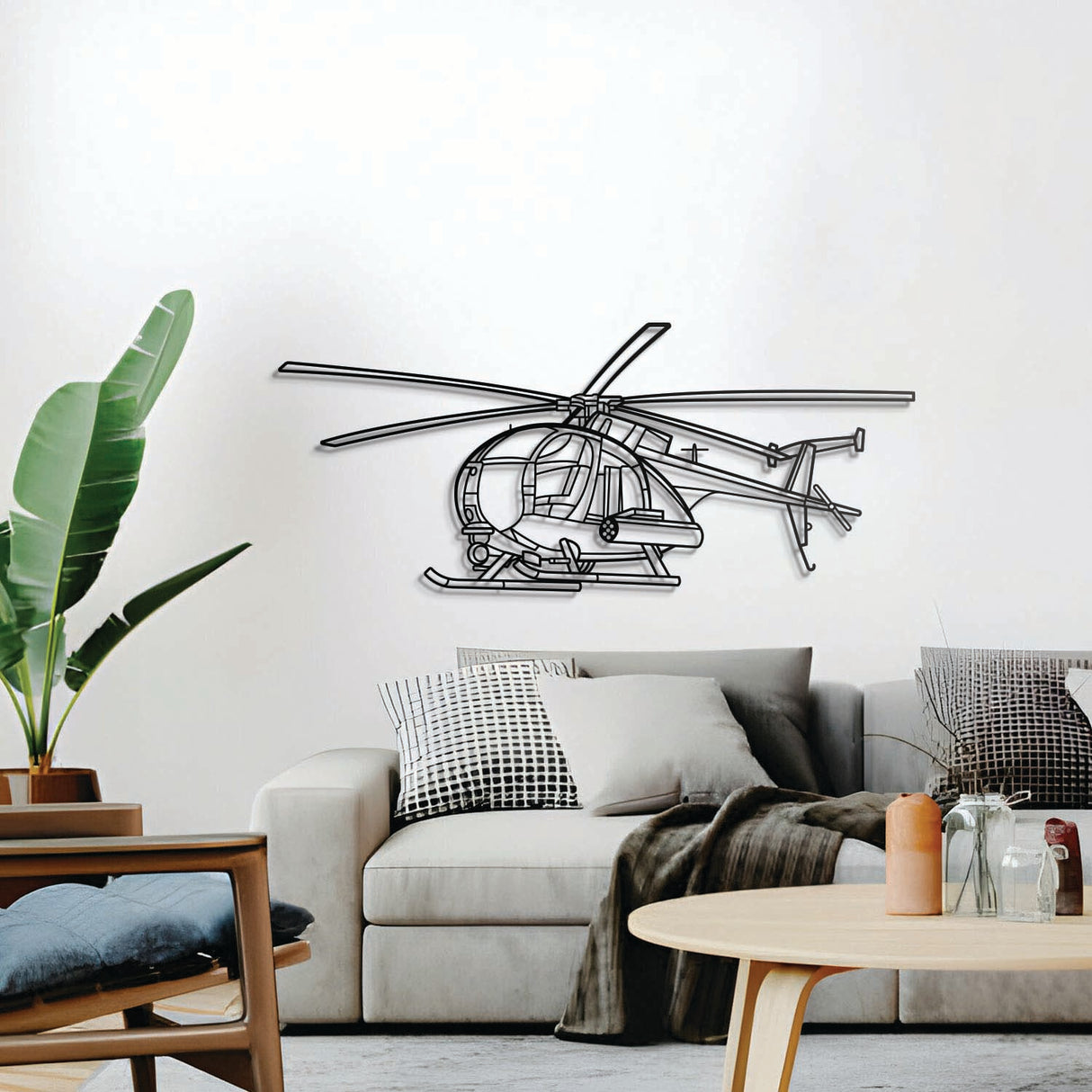 MH‑6 Little Bird wall décor, textured matte steel lifted 1 cm for sleek floating aviation design
