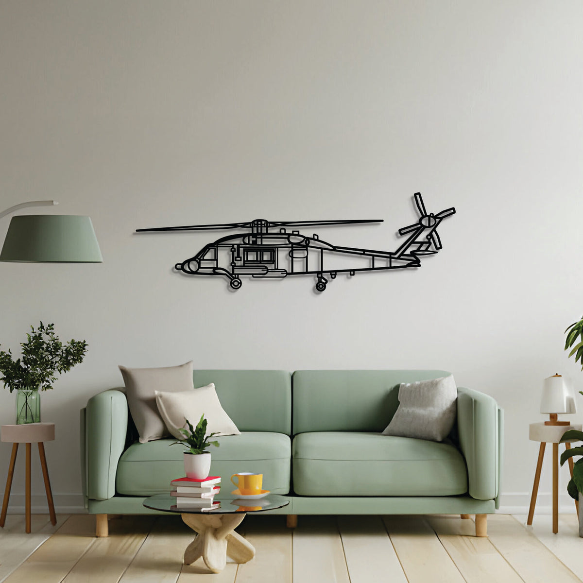 2 mm steel MH‑60 Seahawk wall art, laser‑cut matte finish, floats 1 cm off the wall for dynamic 3D effect