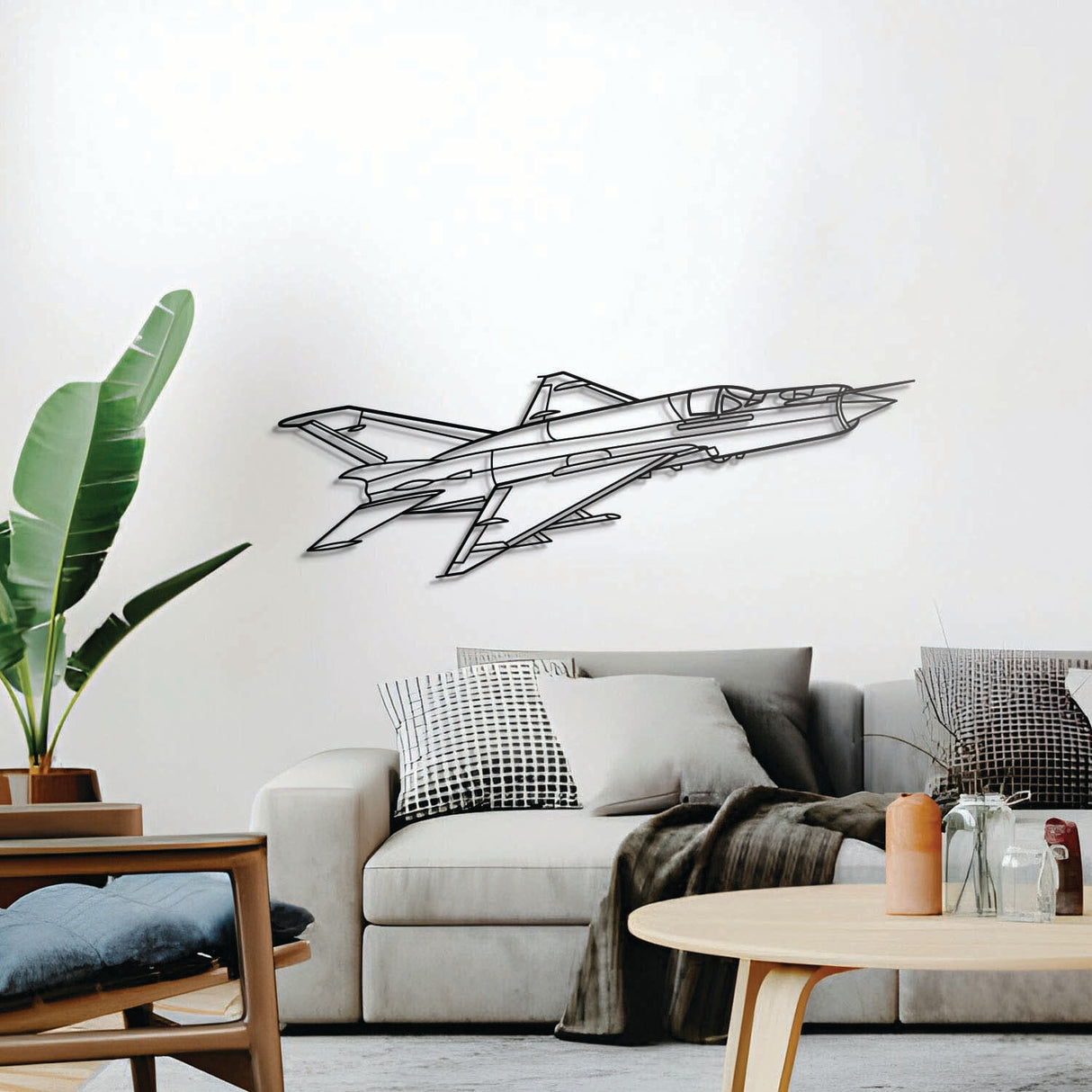 MiG‑21 Lancer wall décor, textured matte steel elevated 1 cm for sleek floating aviation design