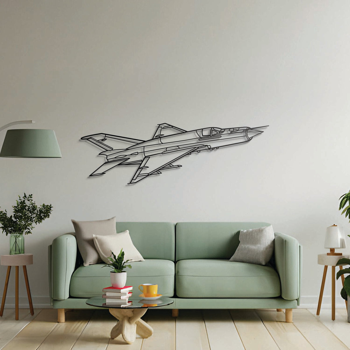 Aviation décor: MiG‑21 Lancer metal wall art in matte steel with 3D floating effect for hangar or office