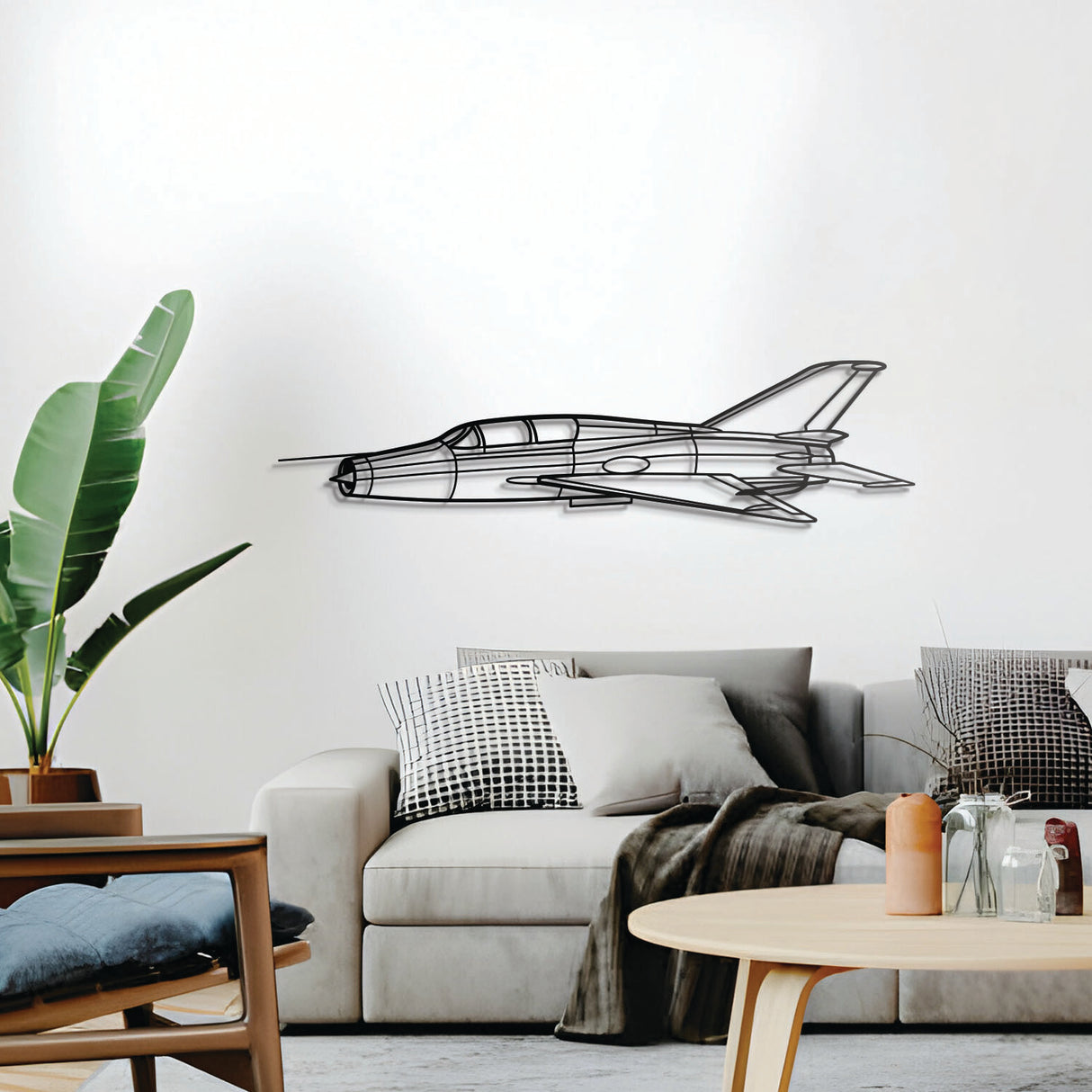 MiG-21 angle metal wall décor, elevated 1 cm from wall, ready-to-hang aviation centerpiece