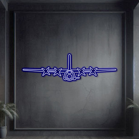 Gunship-inspired AC-130U neon wall art, laser-cut steel with matte powder coat and 3D elevation