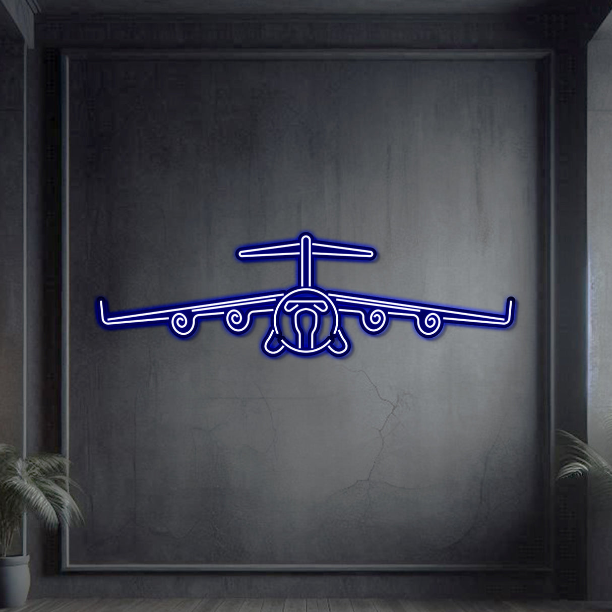 Neon-lit C‑17 silhouette in textured matte steel with floating neon frame for immersive 3D depth and commanding presence
