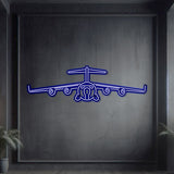 Neon-lit C‑17 silhouette in textured matte steel with floating neon frame for immersive 3D depth and commanding presence