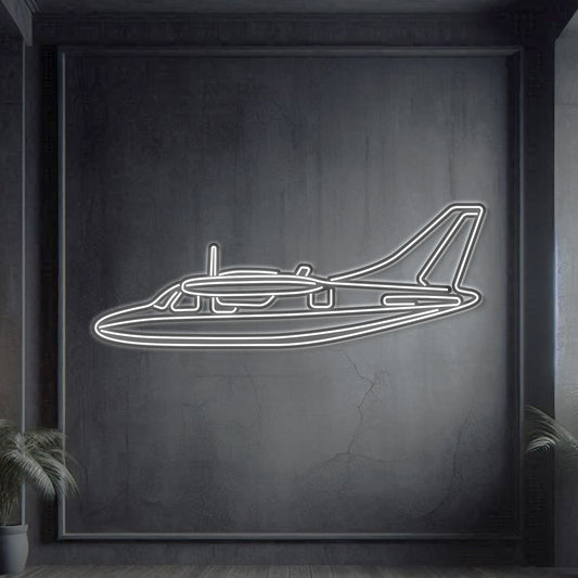 Mitsubishi MU‑2K twin‑turboprop neon silhouette wall art, laser‑cut steel with glowing neon outline and striking 3D elevation