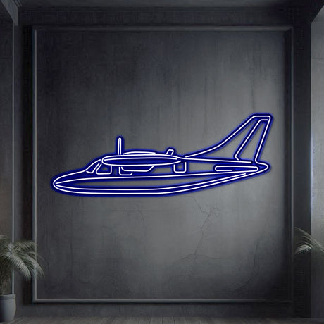 Neon‑lit Mitsubishi MU‑2K silhouette wall art, textured matte steel with floating neon frame for dynamic 3D depth