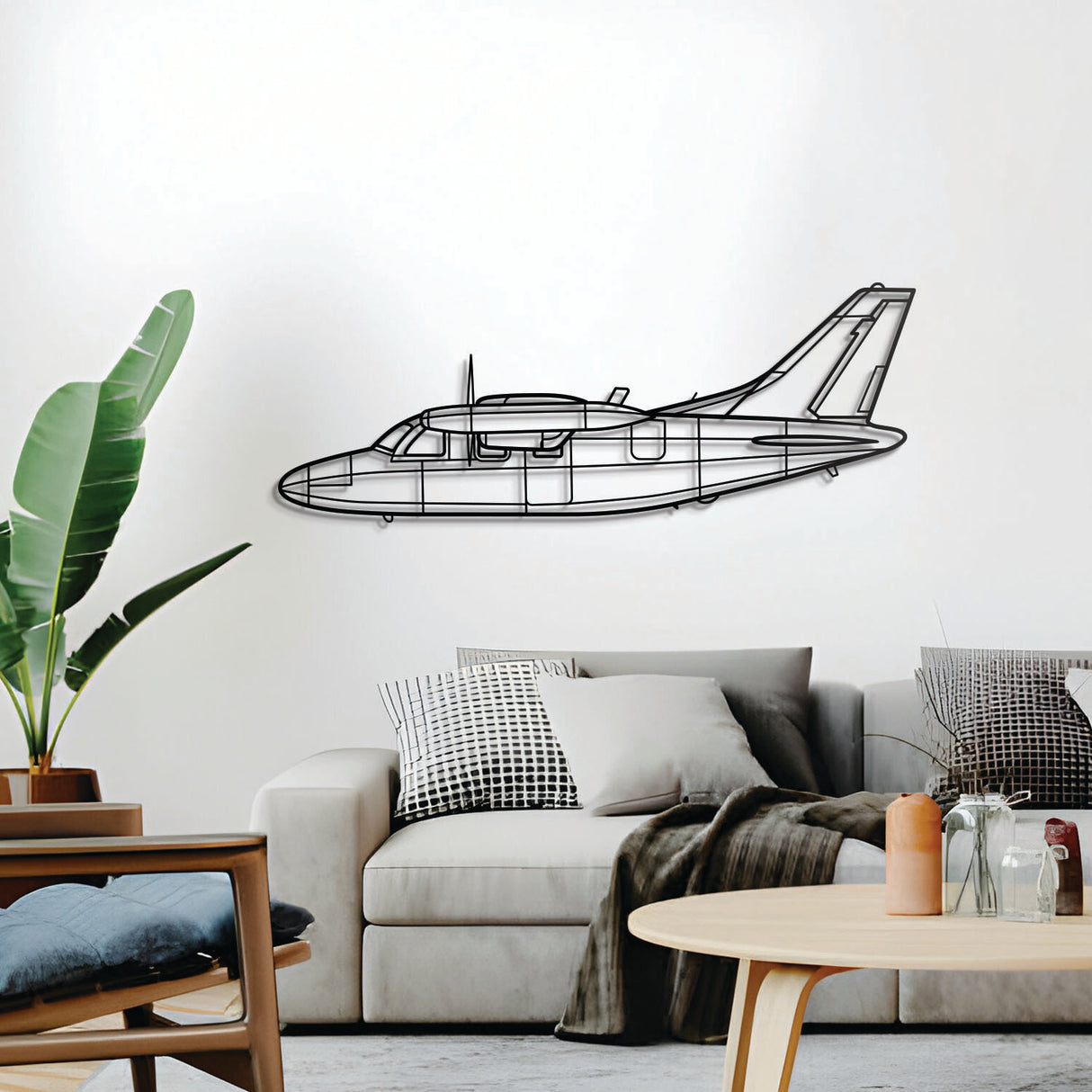 MU‑2K wall décor – elevated slightly off the wall using spacers for striking 3D shadow effect of its robust high‑speed turboprop form