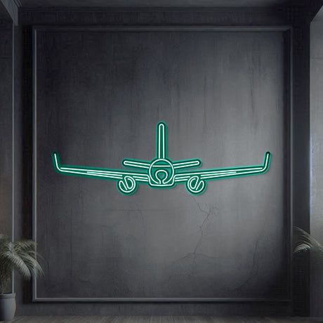 A320 Neo aviation wall art in matte steel, laser-cut 2 mm neon design with 3D elevation for modern interiors