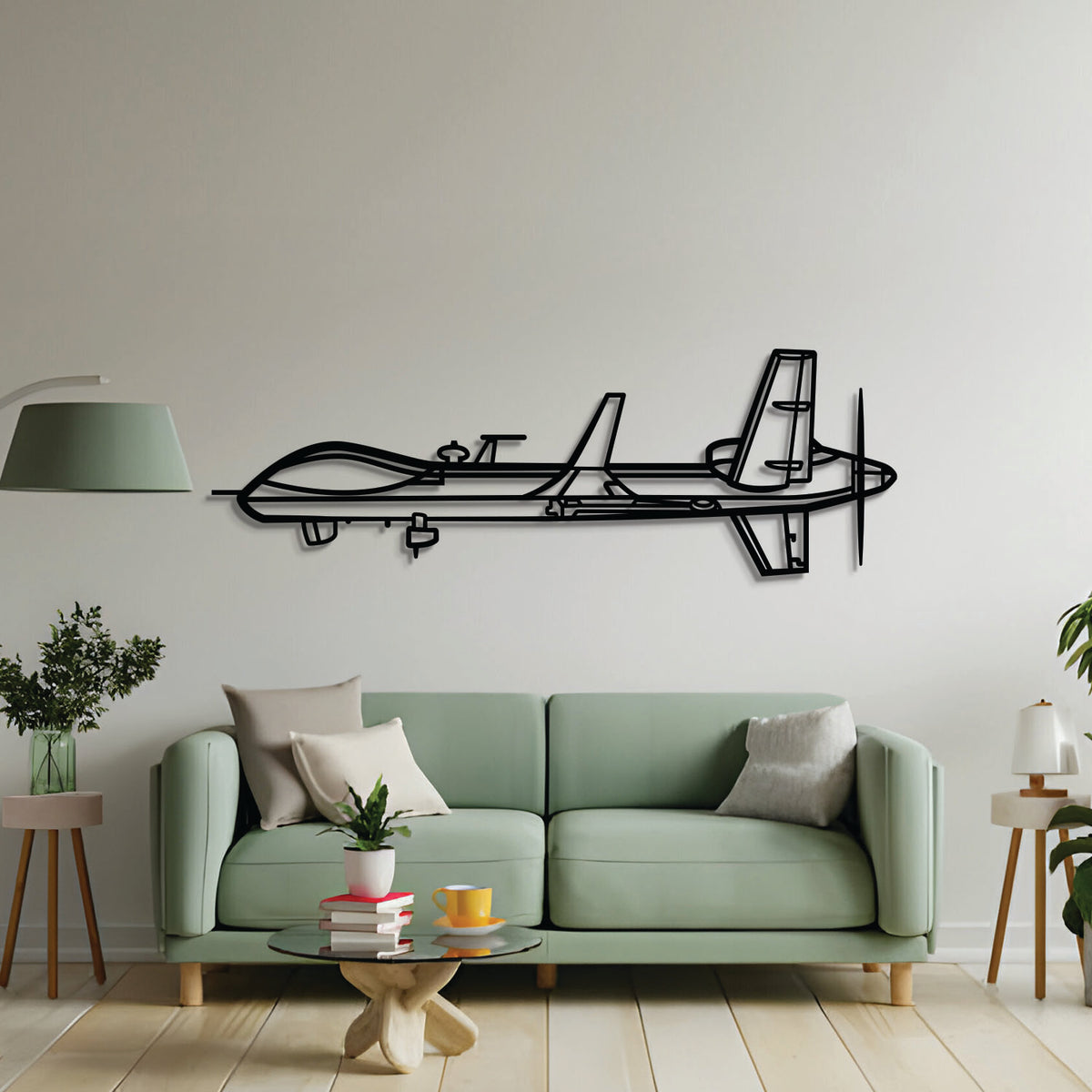 2 mm steel MQ‑9B Reaper wall art, laser-cut matte finish, floats 1 cm off wall for dramatic 3D effect