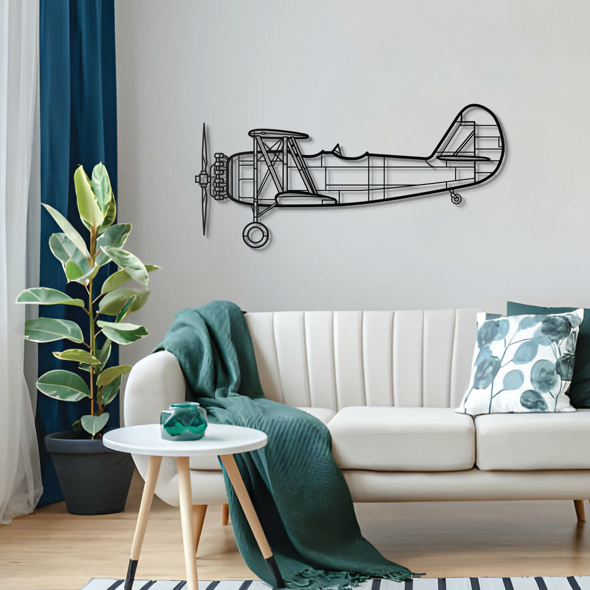 Historic WWII-era N3N‑3 primary trainer biplane – powder‑coated matte finish blends seamlessly with contemporary interiors