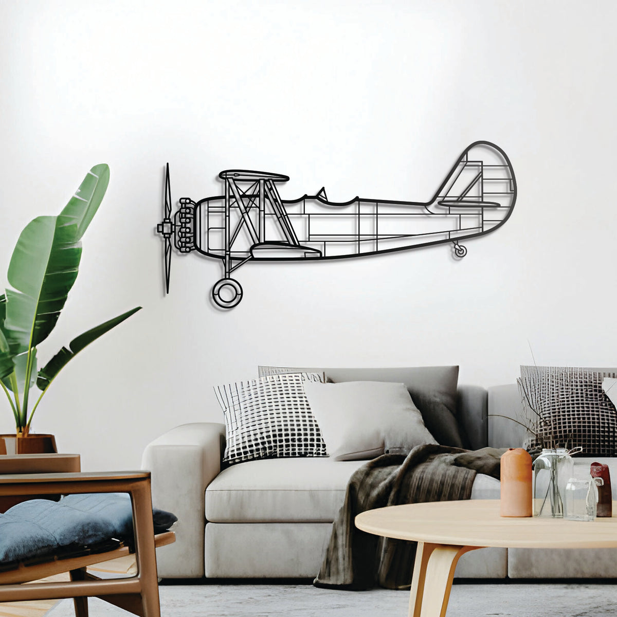 N3N‑3 trainer biplane wall decor – elevated 1 cm off the wall using spacers to achieve a striking 3D shadow effect with aviation heritage appeal