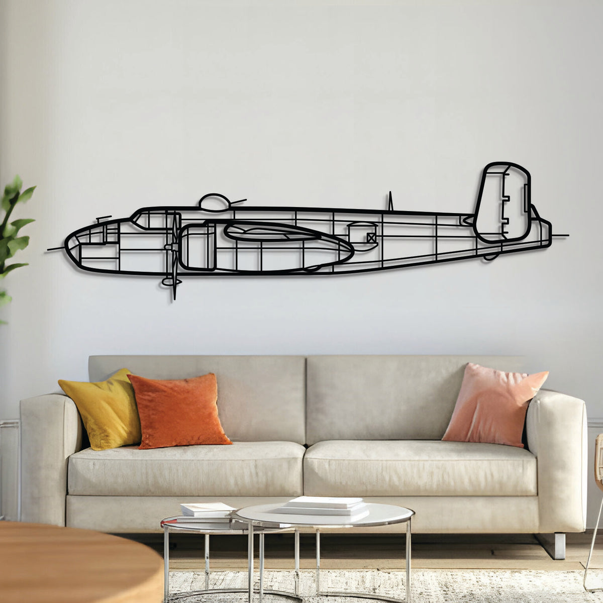 North American B-25J Mitchell WWII medium bomber wall art, laser-cut textured steel with matte finish