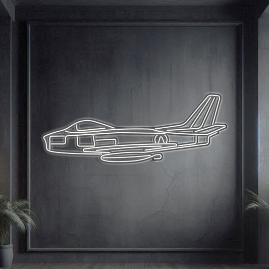 F‑86 Sabre swept‑wing jet fighter neon silhouette wall art, laser‑cut steel with glowing neon outline and dynamic 3D elevation