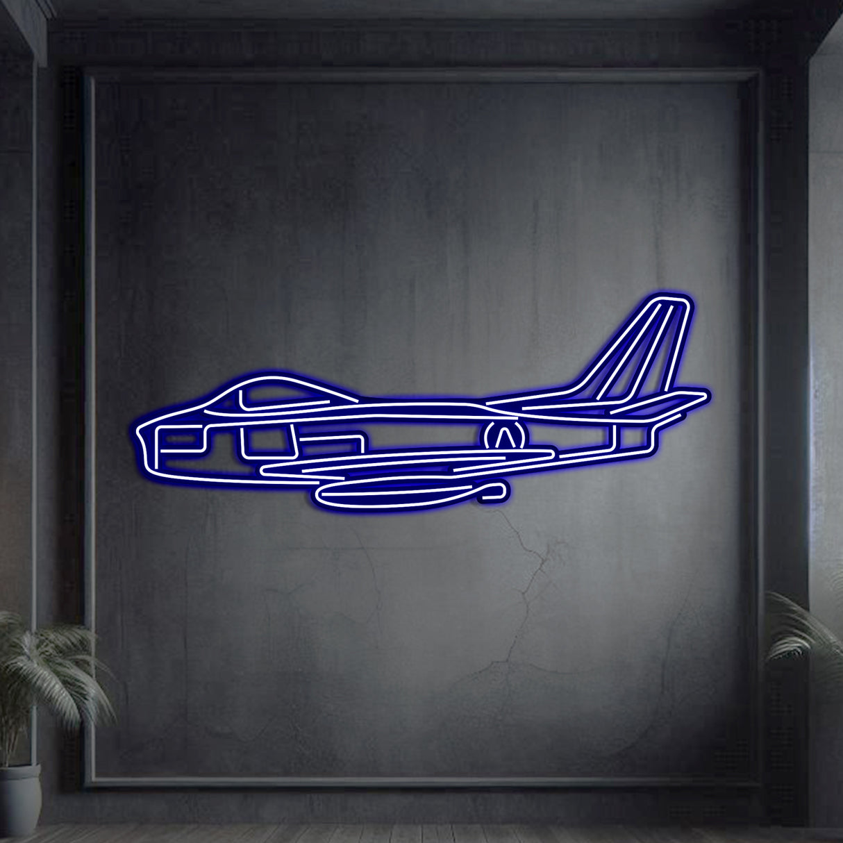 Neon‑lit F‑86 silhouette wall art, textured steel with floating neon frame for striking 3D depth and nostalgic air‑power ambience