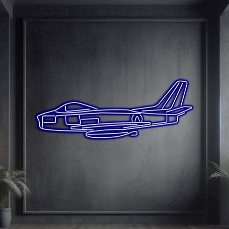 Neon‑lit F‑86 silhouette wall art, textured steel with floating neon frame for striking 3D depth and nostalgic air‑power ambience