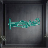 Neon‑lit P‑51 silhouette wall art, textured steel with floating neon frame for captivating 3D depth and ambiance