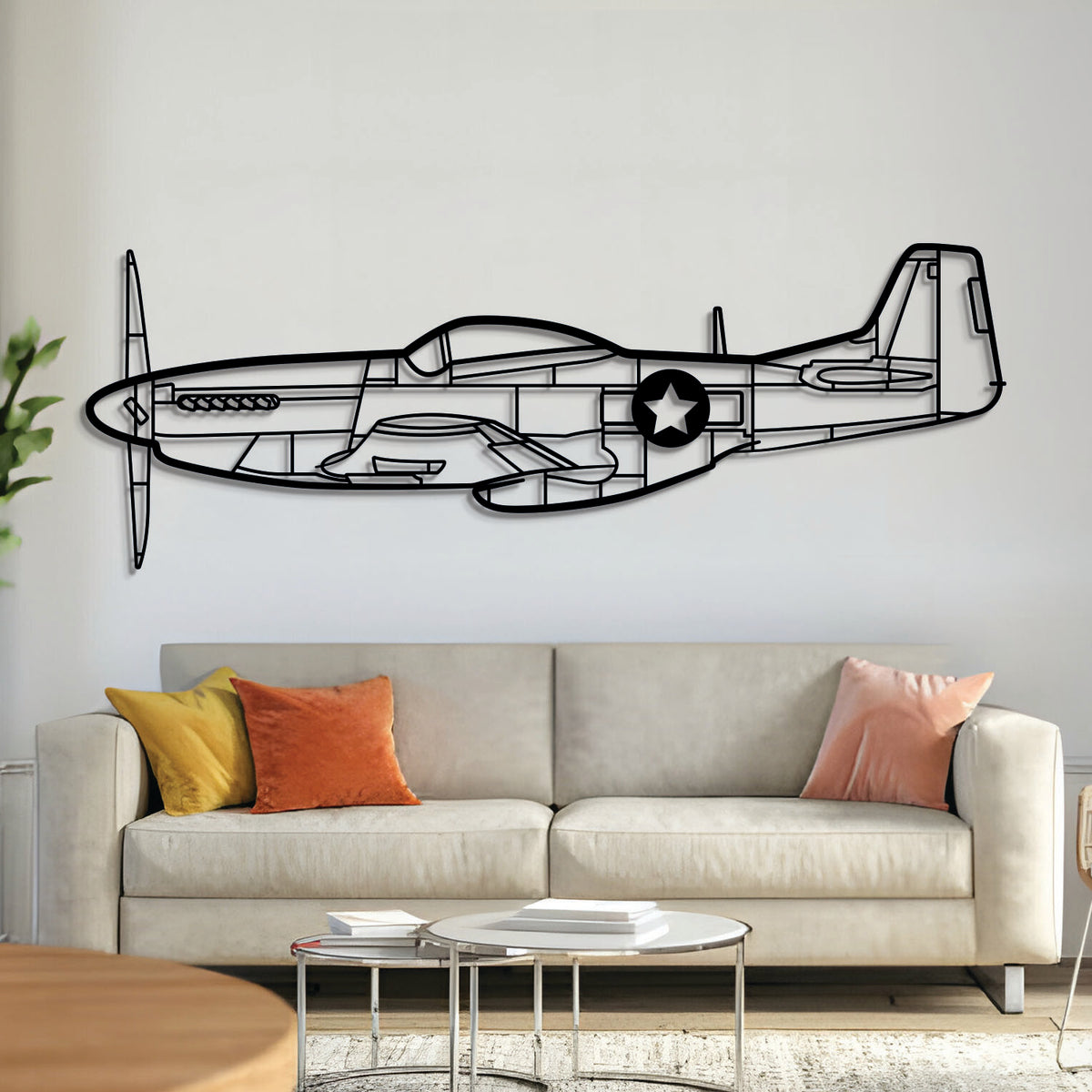 P-51 Mustang metal airplane wall art – laser-cut steel World War II fighter silhouette with matte finish