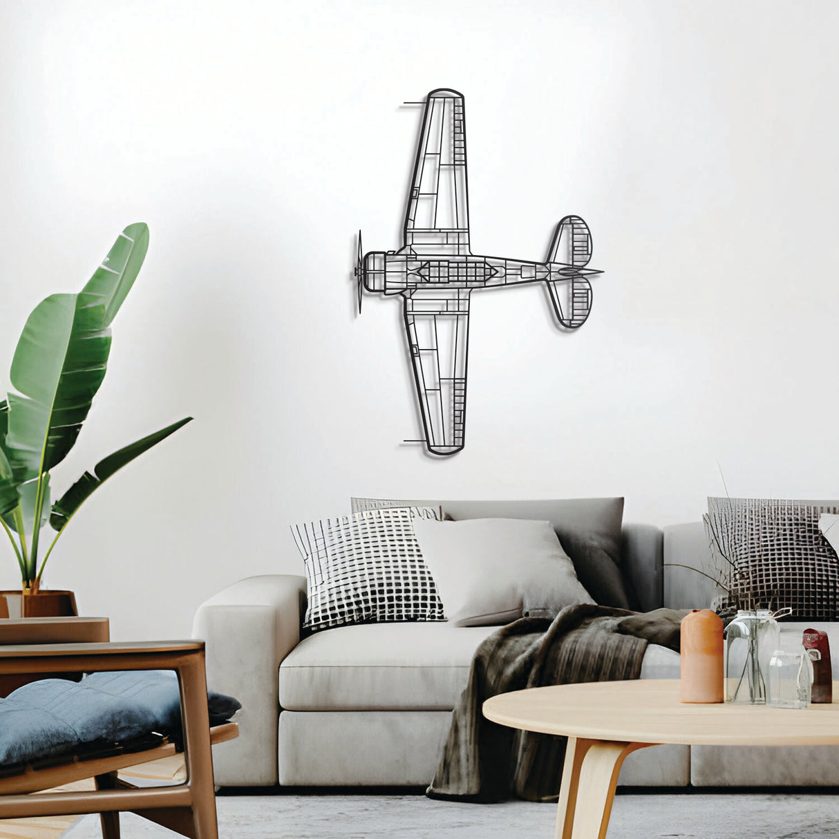 SNJ‑5 Texan trainer silhouette wall décor – elevated 1 cm off wall using elevation screws for a crisp 3D shadow effect