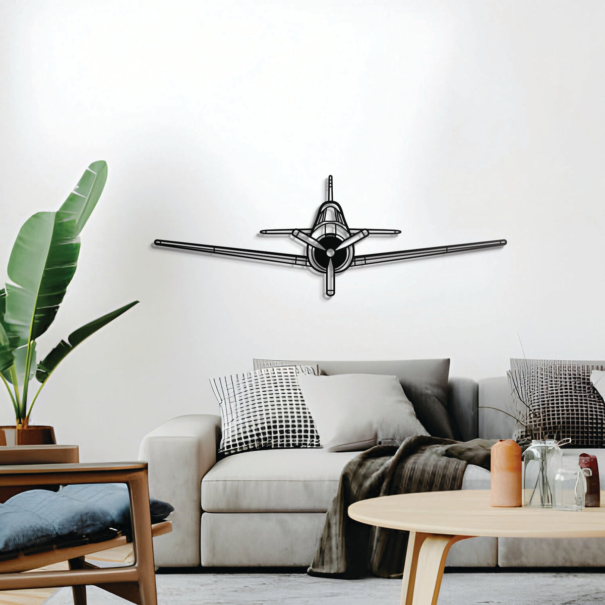 T‑28 Trojan front view metal wall decor – elevation screws lift piece 1 cm off wall for a striking 3D shadow effect