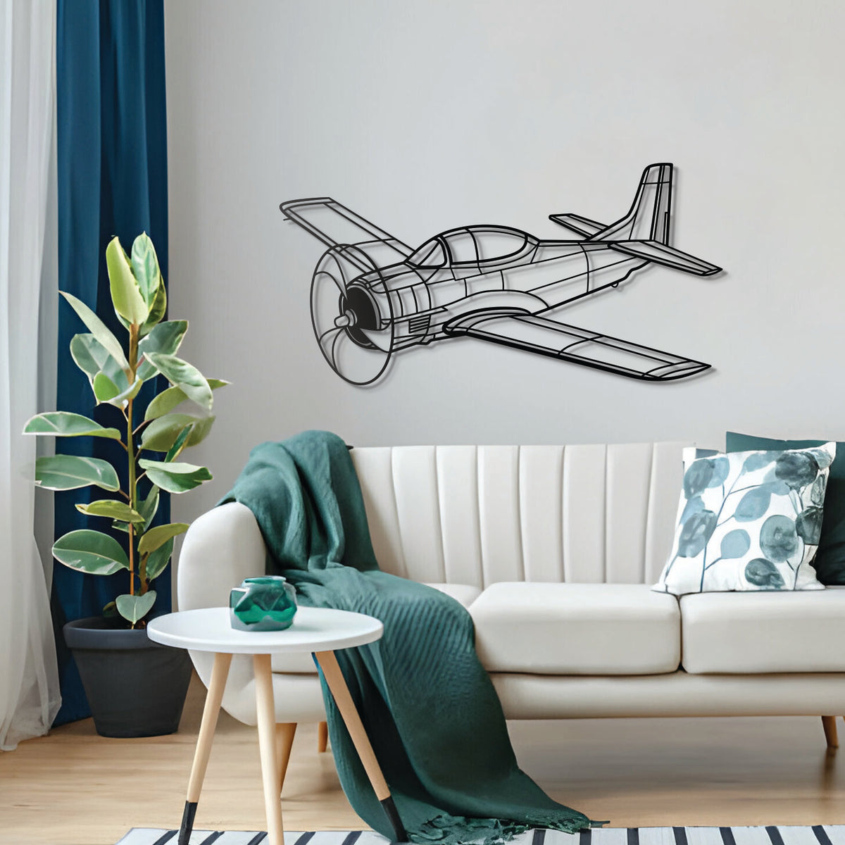 T-28 Trojan angled aircraft wall art – handcrafted steel decor for aviation enthusiasts and hangar interiors