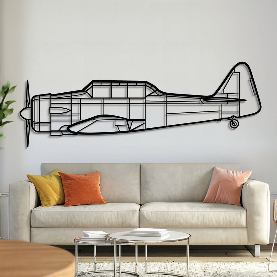 T-6G Texan trainer aircraft metal wall art – laser-cut matte black steel silhouette in classic side profile