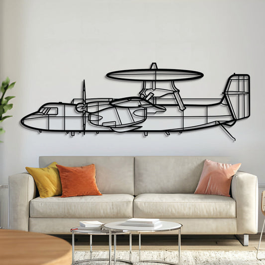 Matte-finish laser-cut E‑2C Hawkeye AEW aircraft silhouette wall art in steel