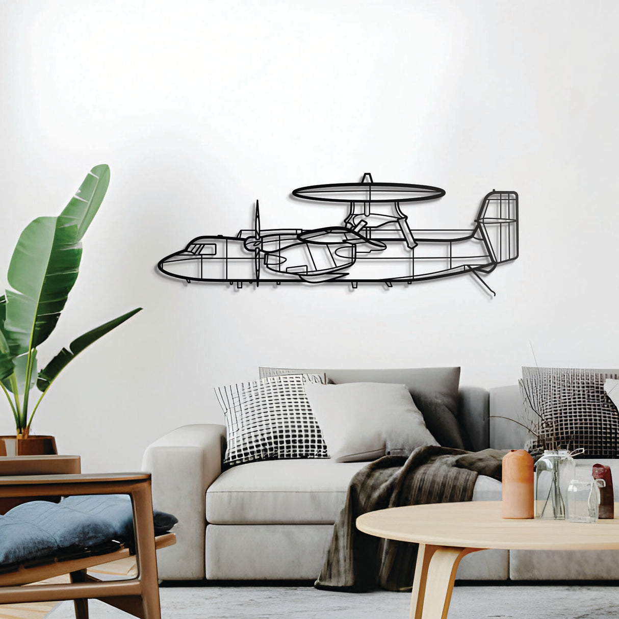 Ready-to-hang 2 mm steel E‑2C Hawkeye wall sculpture with 1 cm elevation for 3D effect