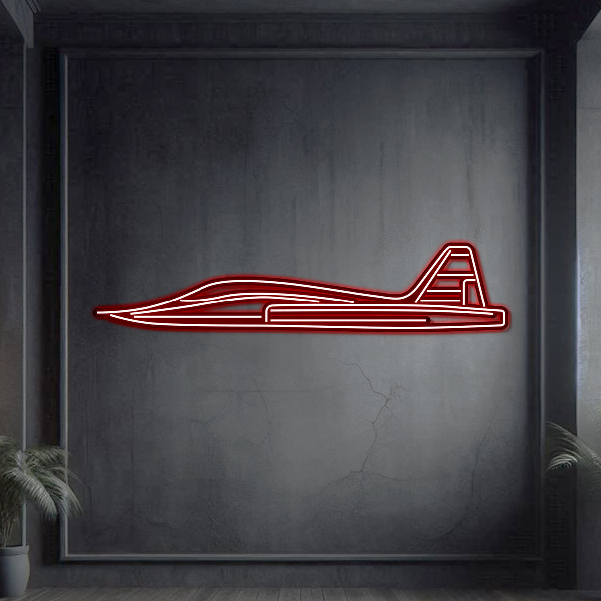 Neon‑lit T‑38 Talon silhouette wall art, textured matte steel with floating neon frame for stunning 3D depth