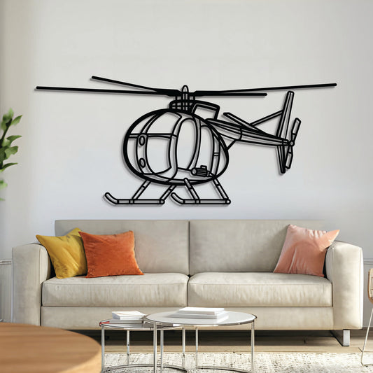 OH‑6 Cayuse angle-view metal aircraft wall art, laser‑cut 2 mm steel with matte textured finish and 3D elevation