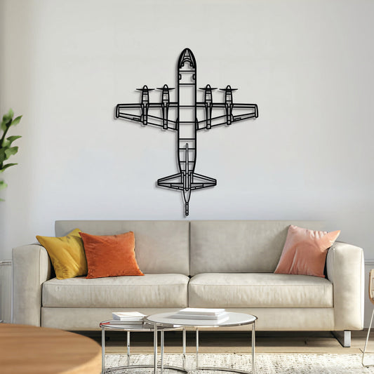 P-3 Orion top-view metal aircraft wall art, laser-cut 2 mm steel with matte textured finish and 3D elevation