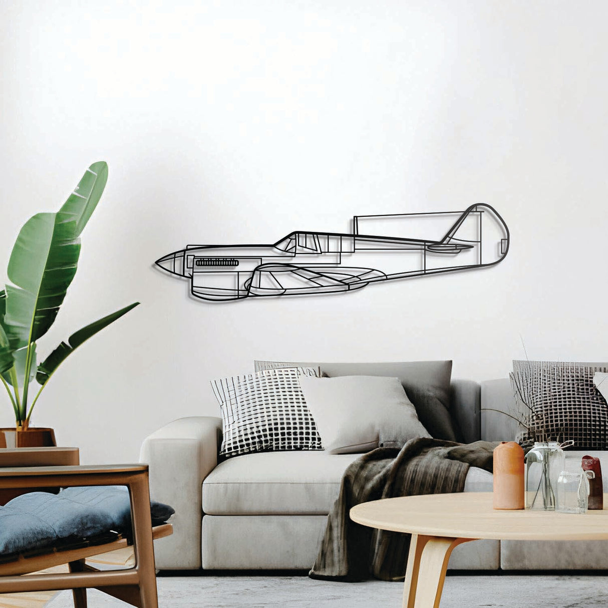 P‑40 Warhawk wall décor, textured matte steel lifted 1 cm for a sleek floating aviation design