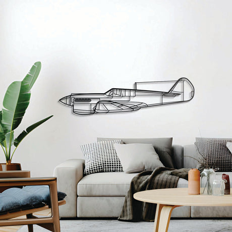 P‑40 Warhawk wall décor, textured matte steel lifted 1 cm for a sleek floating aviation design