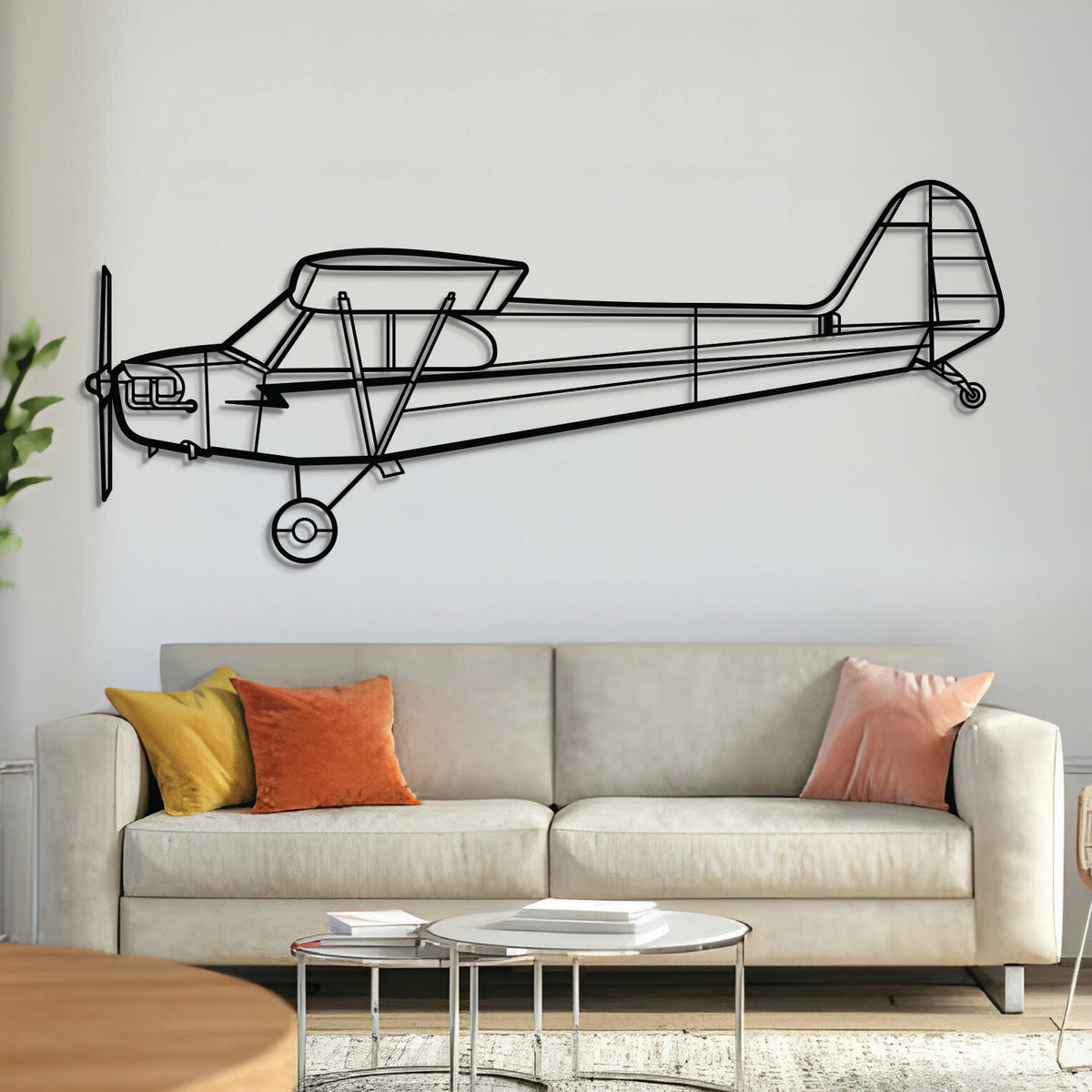 J‑3 Cub metal airplane wall art – laser‑cut steel silhouette with matte textured finish and 3D floating effect