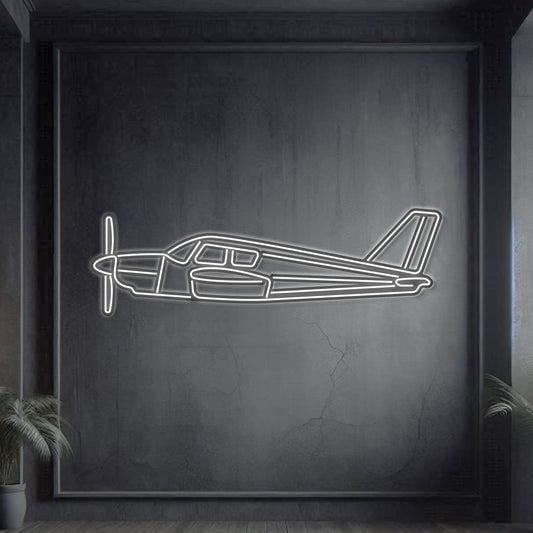 Piper PA‑28 Cherokee neon silhouette wall art, laser‑cut steel with glowing neon outline and bold 3D elevation