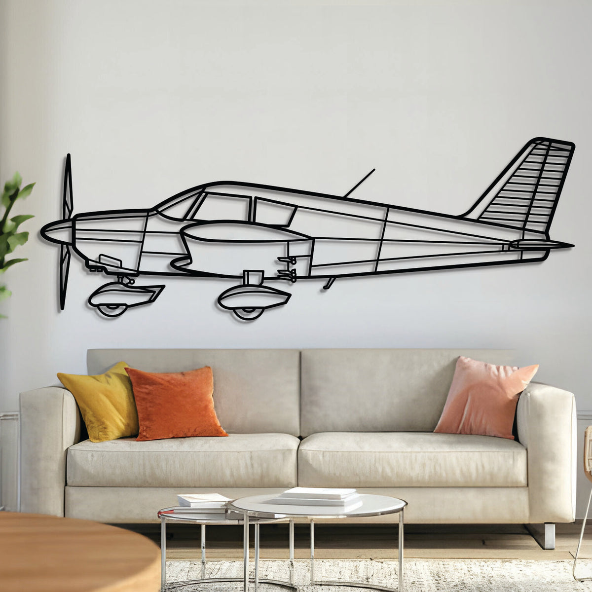 Piper Cherokee PA‑28‑140 light aircraft silhouette — laser‑cut matte‑black steel wall art with floating 3D effect