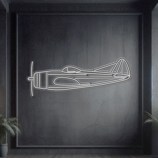 P‑47D Thunderbolt neon silhouette wall art, laser‑cut steel with glowing neon outline and striking 3D elevation