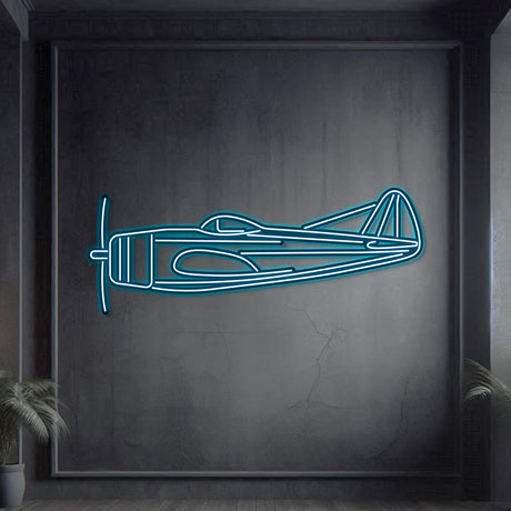 Neon‑lit P‑47D silhouette wall art, textured matte steel with floating neon frame for immersive 3D depth and shadow play