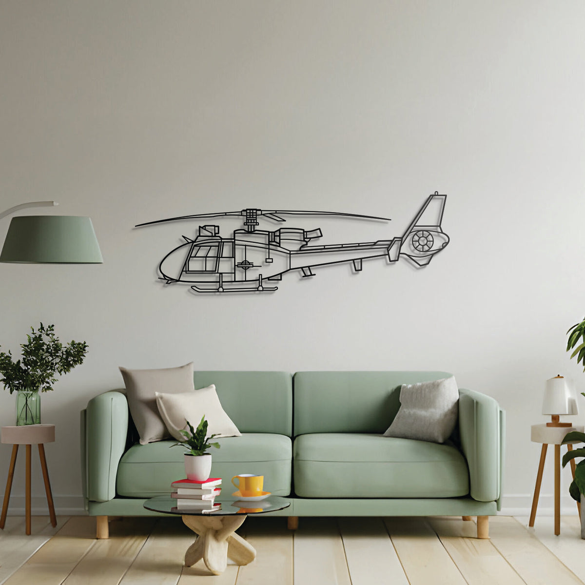 Aviation décor highlight: SA342M1 Gazelle laser‑cut steel wall art with matte finish and elevation screws for avgeek spaces