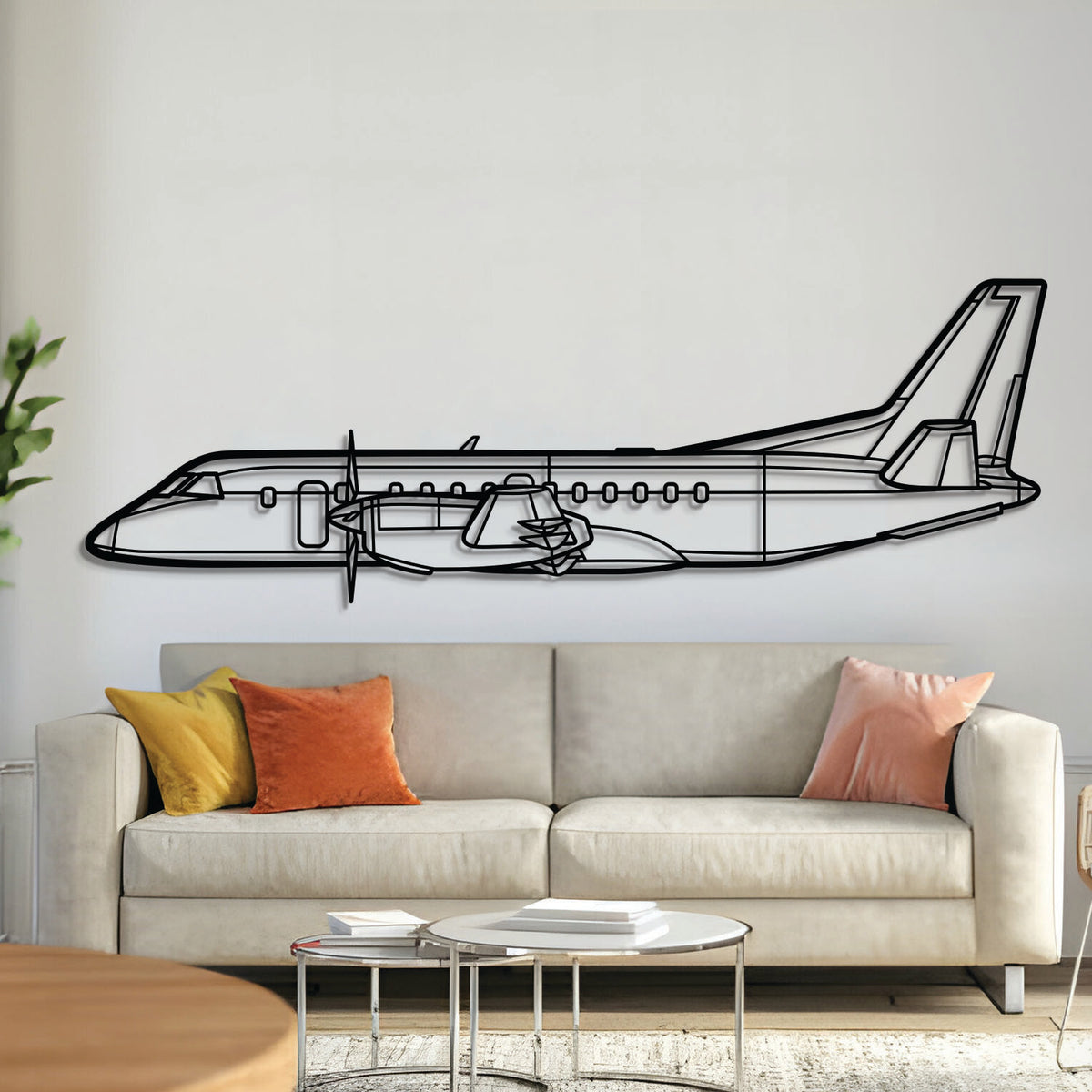Saab 340B Plus turboprop regional airliner silhouette – laser‑cut 2 mm steel, textured matte powder‑coat finish, ready to hang