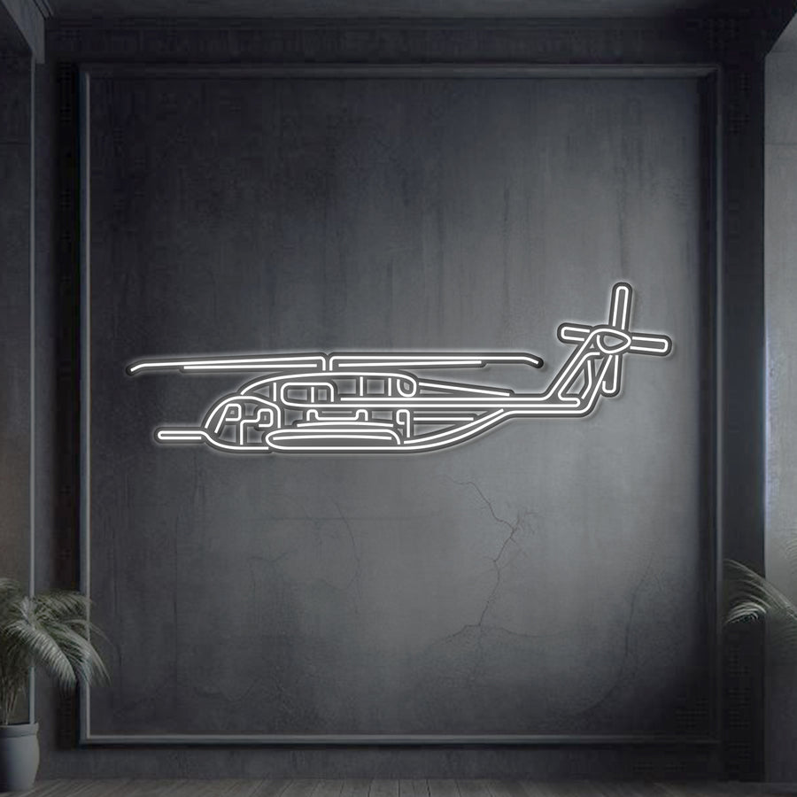 CH‑53E Super Stallion twin‑rotor heavy‑lift helicopter neon silhouette wall art, laser‑cut steel with bold rotors and sculptural 3D elevation