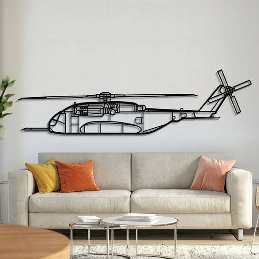 Sikorsky CH‑53K King Stallion heavy‑lift helicopter silhouette — laser‑cut matte black steel wall art, elevated 1 cm from wall for 3D floating effect