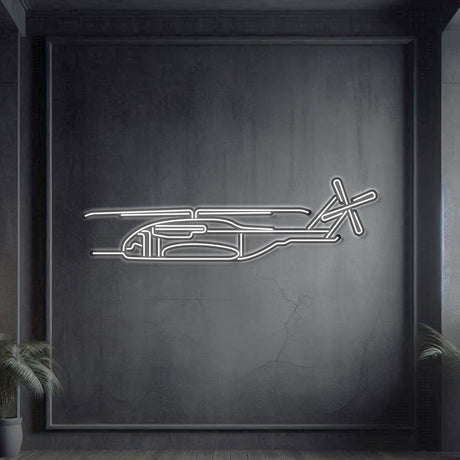 CH‑53K King Stallion heavy‑lift helicopter neon silhouette wall art, laser‑cut steel featuring tandem-rotor profile with vibrant neon outline and sculptural 3D elevation