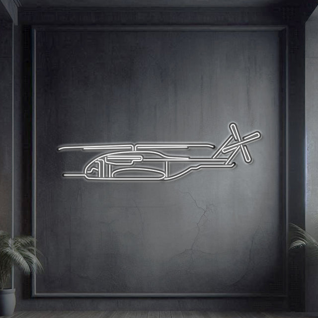 CH‑53K King Stallion heavy‑lift helicopter neon silhouette wall art, laser‑cut steel featuring tandem-rotor profile with vibrant neon outline and sculptural 3D elevation