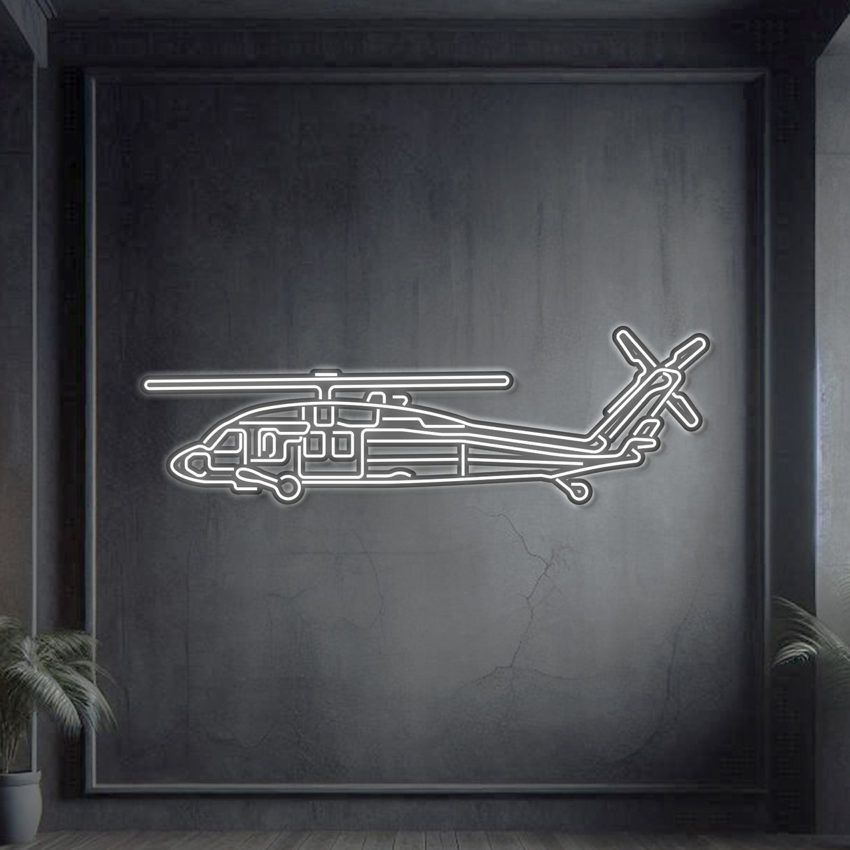 UH‑60 Black Hawk neon silhouette wall art, laser‑cut steel with vivid neon border and dramatic 3D elevation