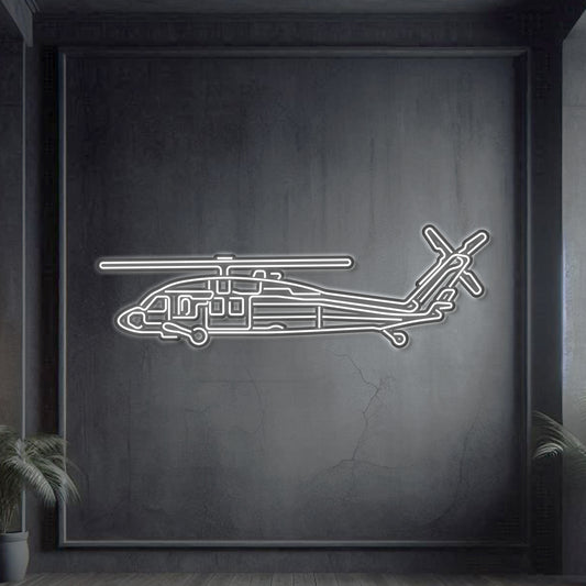 UH‑60 Black Hawk neon silhouette wall art, laser‑cut steel with vivid neon border and dramatic 3D elevation
