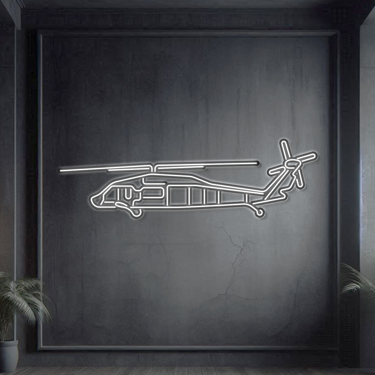 UH‑60L Black Hawk neon silhouette wall art, laser‑cut steel with vibrant neon backlighting and dramatic 3D elevation