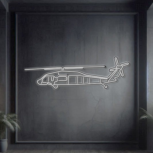 UH‑60L Black Hawk neon silhouette wall art, laser‑cut steel with vibrant neon backlighting and dramatic 3D elevation