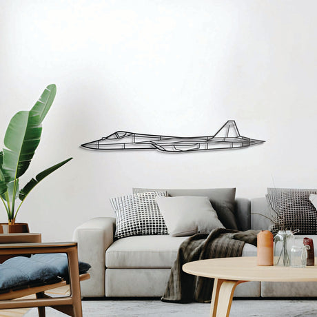 SU‑57 metal wall décor, textured matte steel elevated 1 cm for sleek floating aviation design